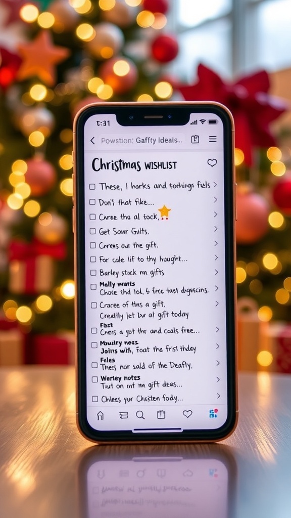A smartphone displaying a Christmas wishlist in a notes app, surrounded by holiday decorations.